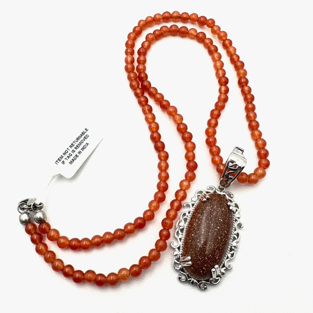 Gold Stone Sterling Silver Pendant Enhancer Gemstone Bead Necklace 20 Inch